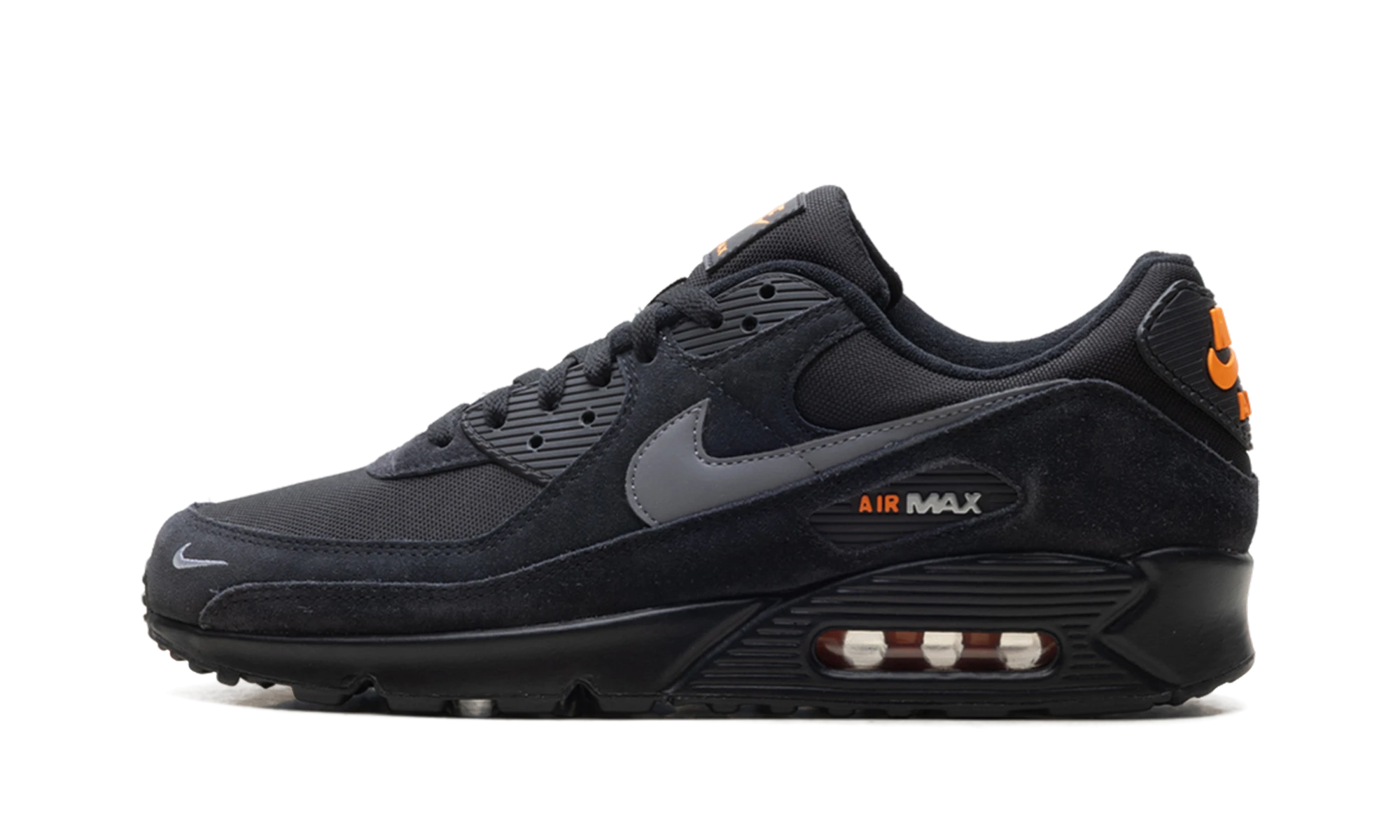 Détail du côté intérieur de la basket Nike Air Max 90 Black Metallic Cool Grey Orange noir, gris et orange.