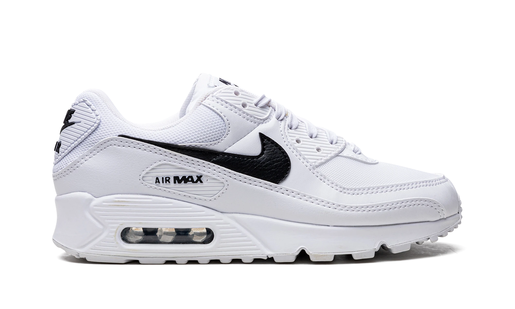 Basket Nike Air Max 90 Next Nature White Black en cuir blanc et noir, disponible en France, Suisse, Belgique et Luxembourg — vue de profil extérieur.