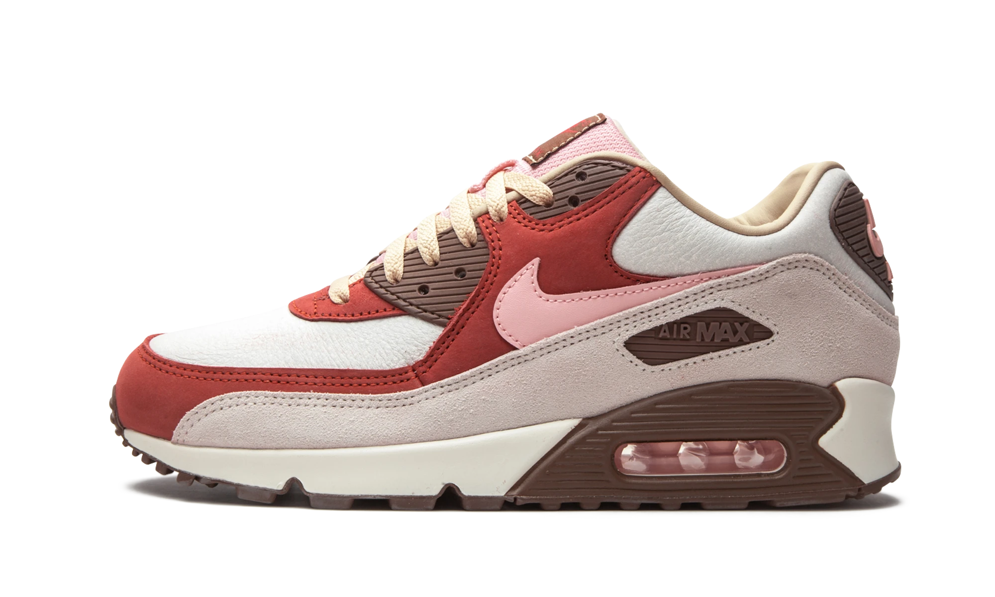 Détail du côté intérieur de la basket Nike Air Max 90 NRG Bacon beige et marron.