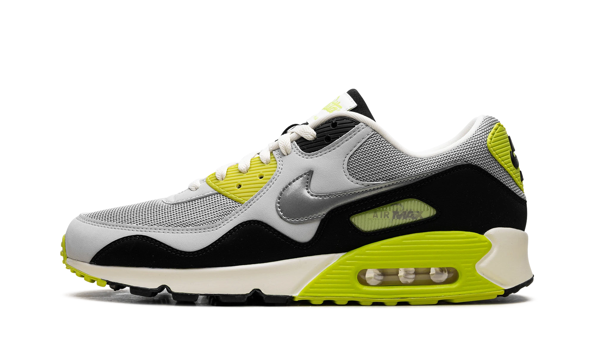 Détail du côté intérieur de la basket Nike Air Max 90 SP Patta Waves Cyber gris, noir et blanc.