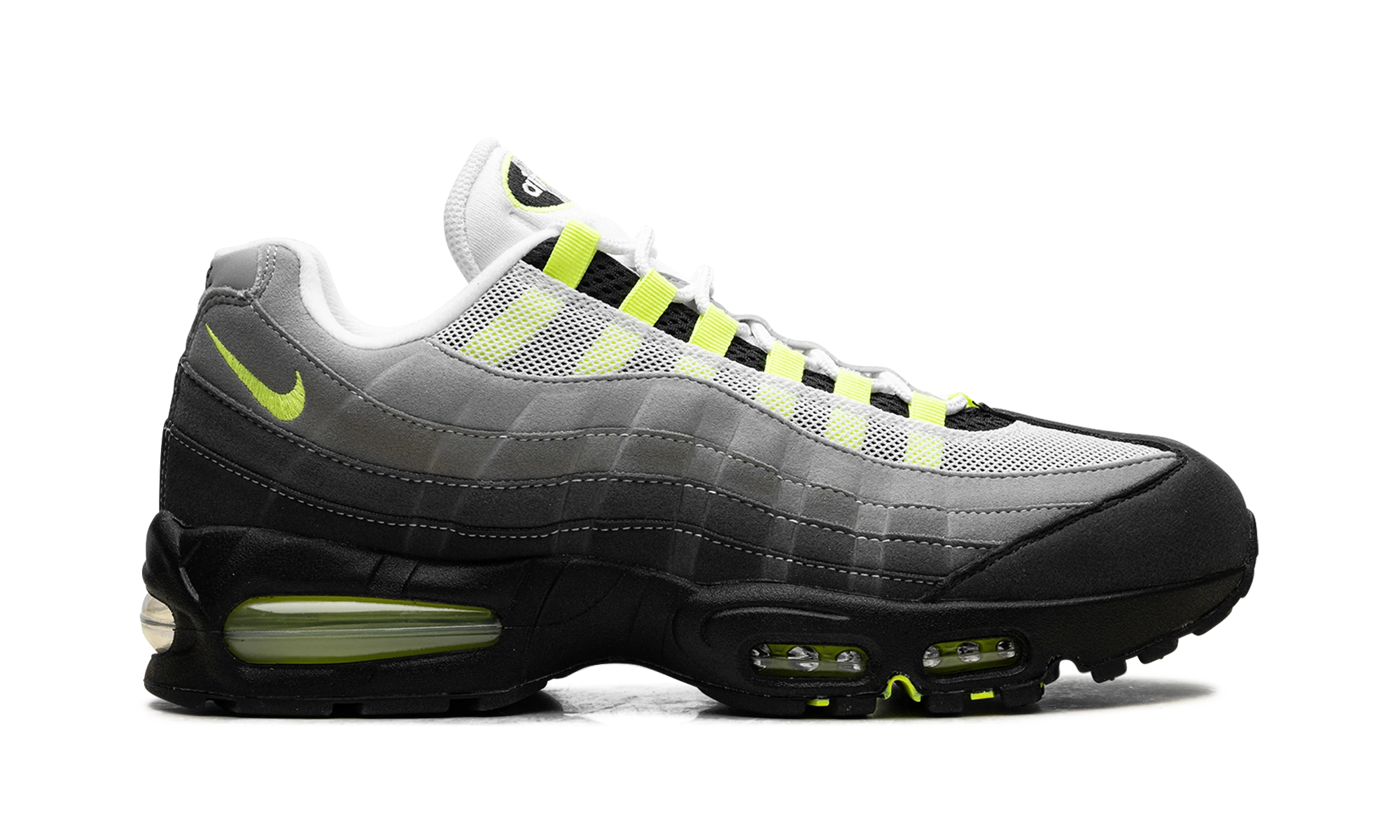 Basket Nike Air Max 95 OG Big Bubble Neon en daim noir, jaune et gris, disponible en France, Suisse, Belgique et Luxembourg — vue de profil extérieur.