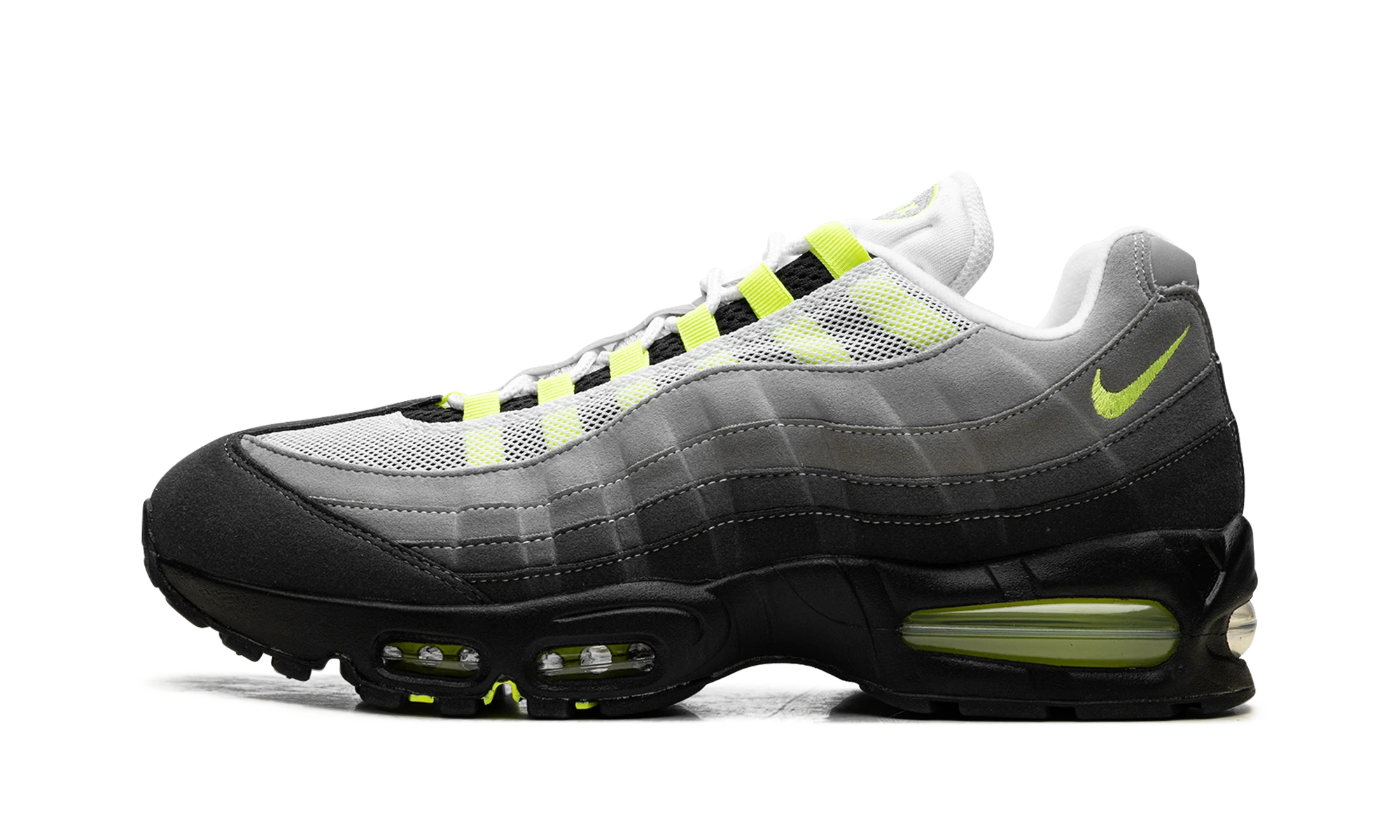 Détail du côté intérieur de la basket Nike Air Max 95 OG Big Bubble Neon noir, jaune et gris.