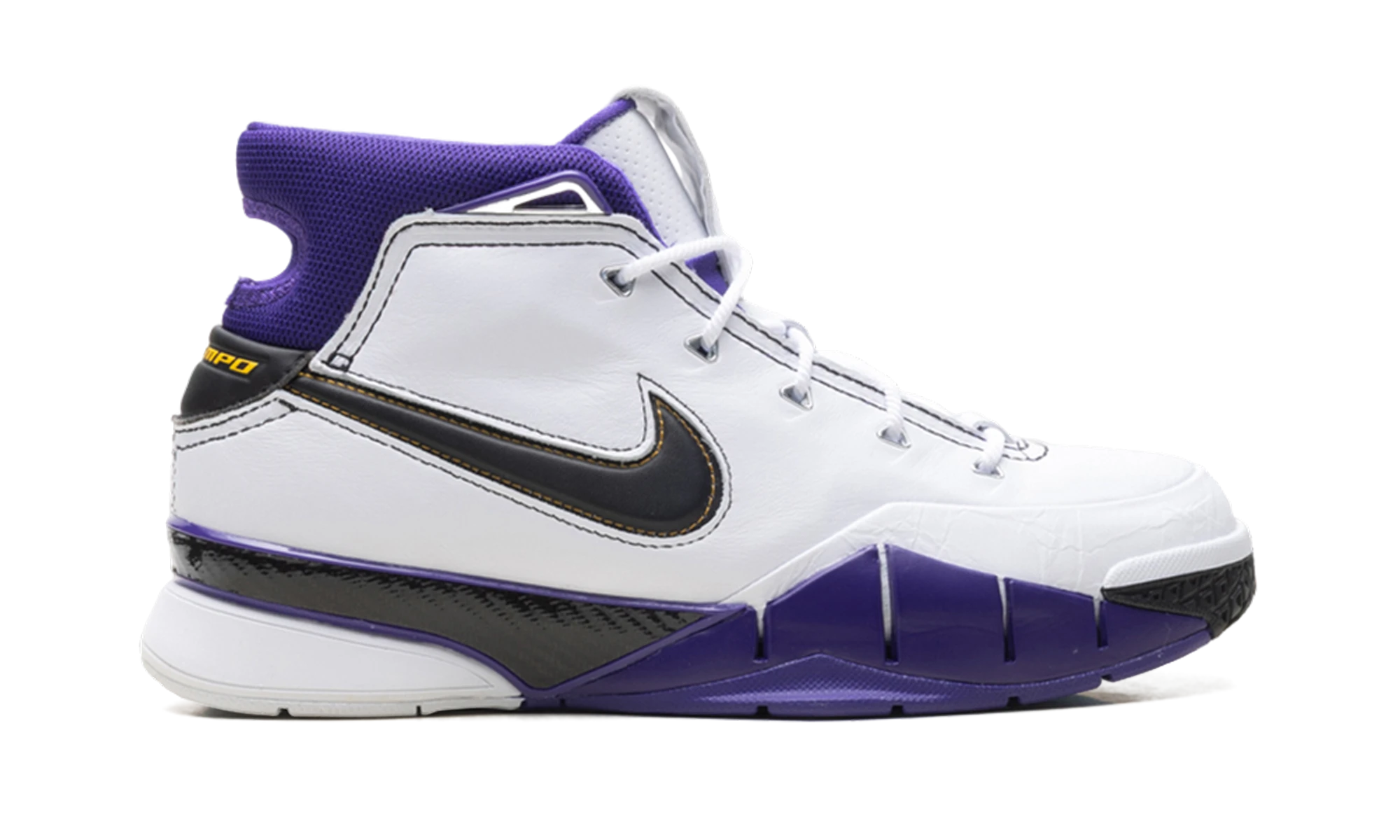Basket Nike Kobe 1 Protro 81 Pt Game en cuir blanc, noir et violet, disponible en France, Suisse, Belgique et Luxembourg — vue de profil extérieur.