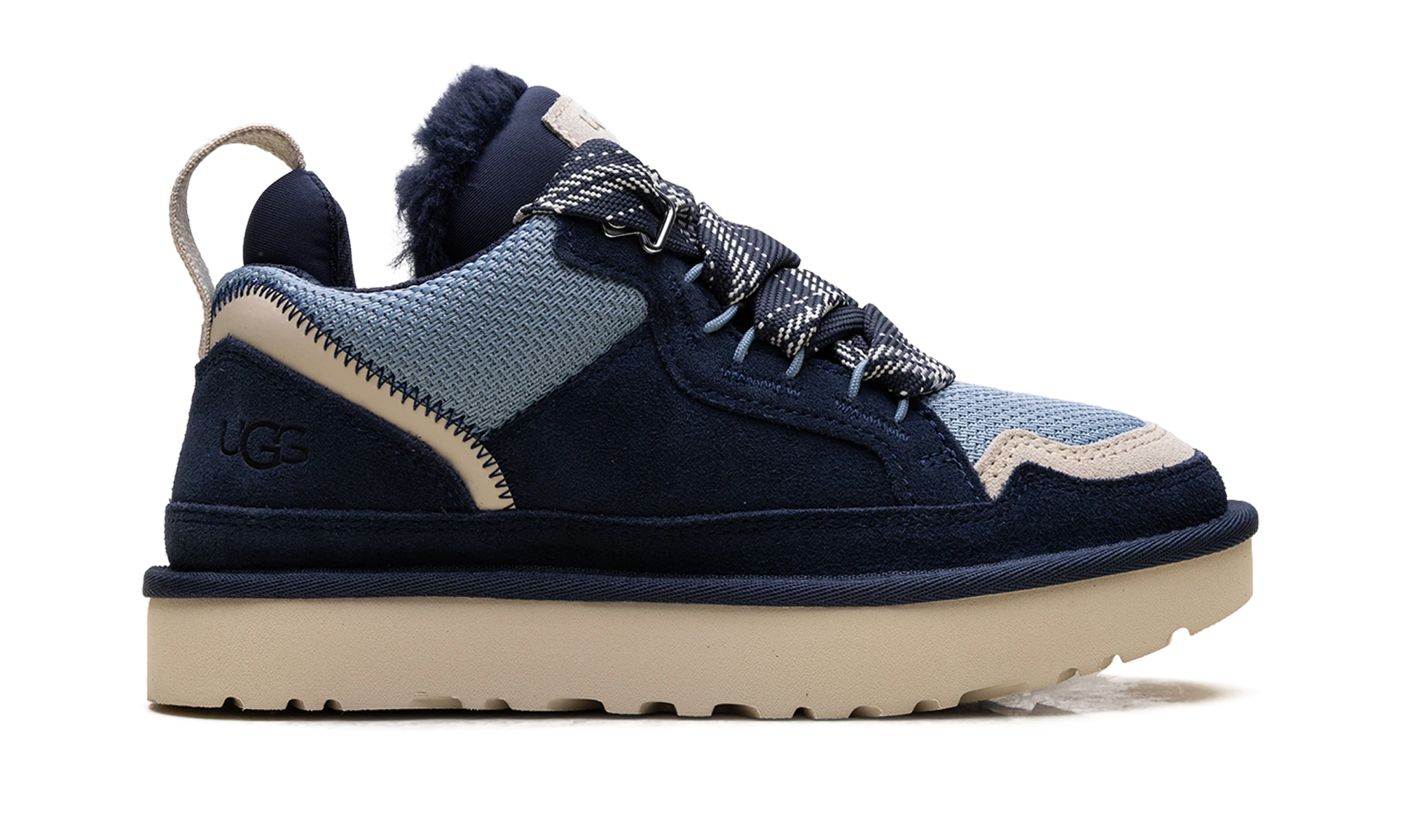 Basket UGG Lowmel Dark Indigo Sea Salt en cuir noir, bleu et blanc, disponible en France, Suisse, Belgique et Luxembourg — vue de profil extérieur.