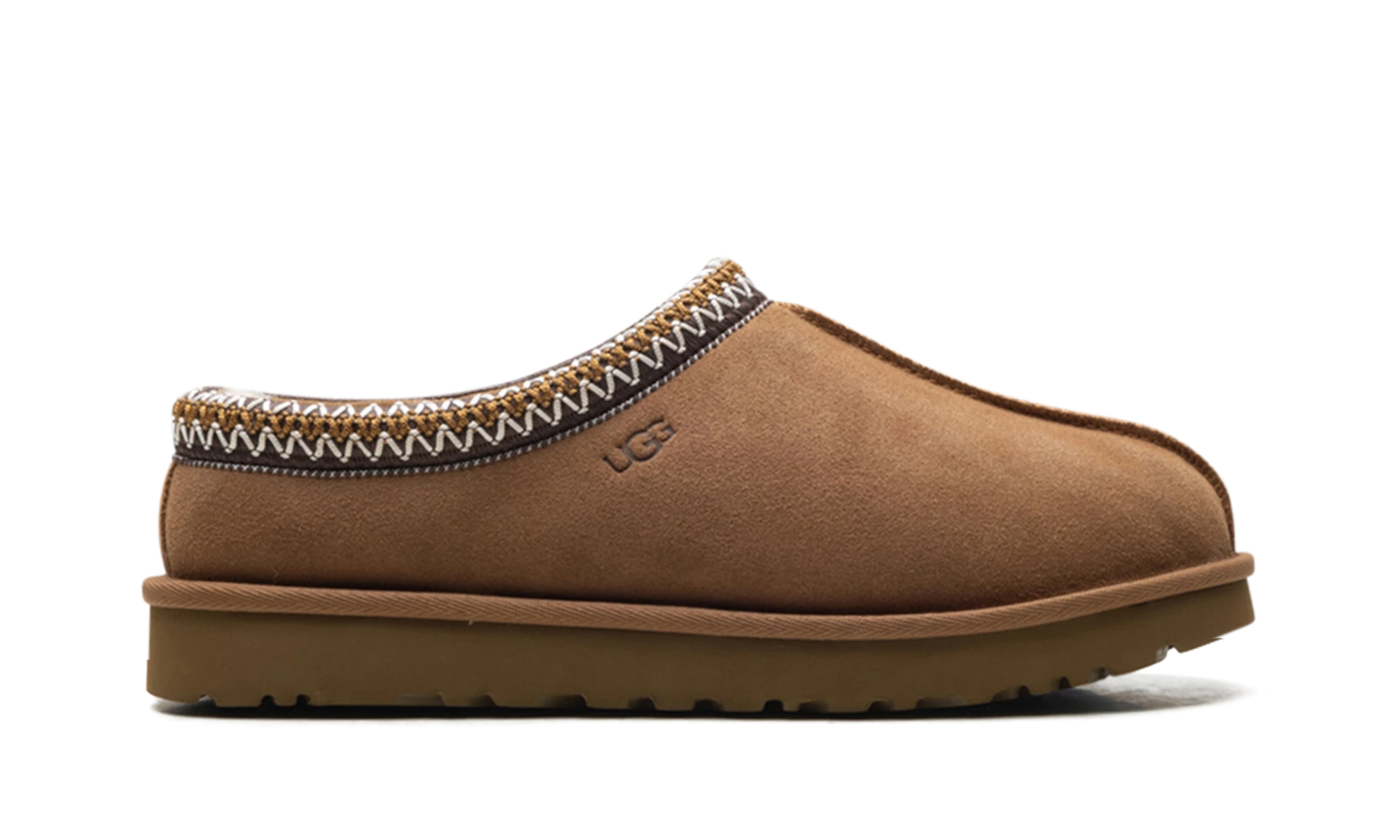 Pantoufle UGG Tasman II Slipper Chestnut en cuir marron, disponible en France, Suisse, Belgique et Luxembourg — vue de profil extérieur.