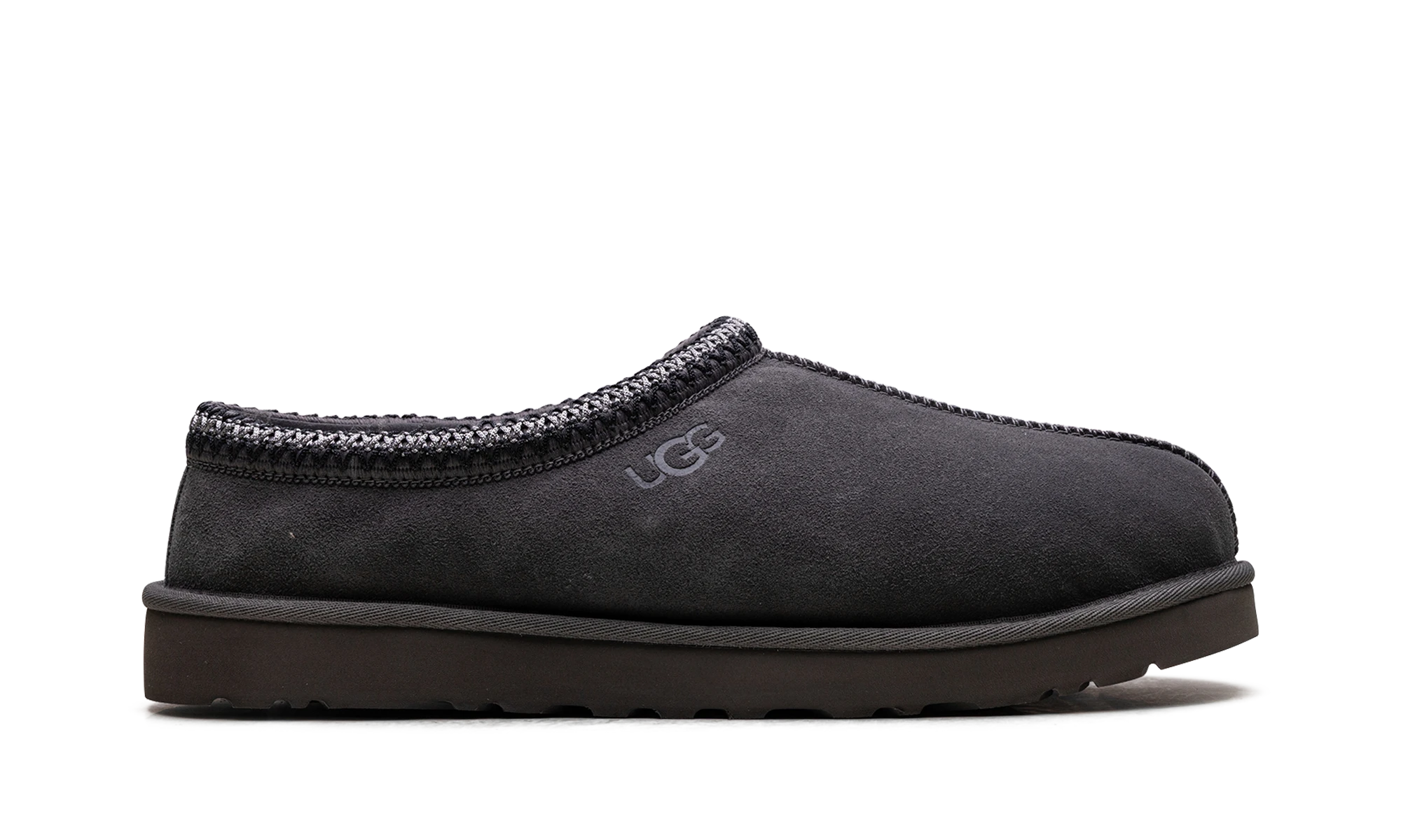 Pantoufle UGG Tasman II Slipper Dark Grey en cuir gris, disponible en France, Suisse, Belgique et Luxembourg — vue de profil extérieur.