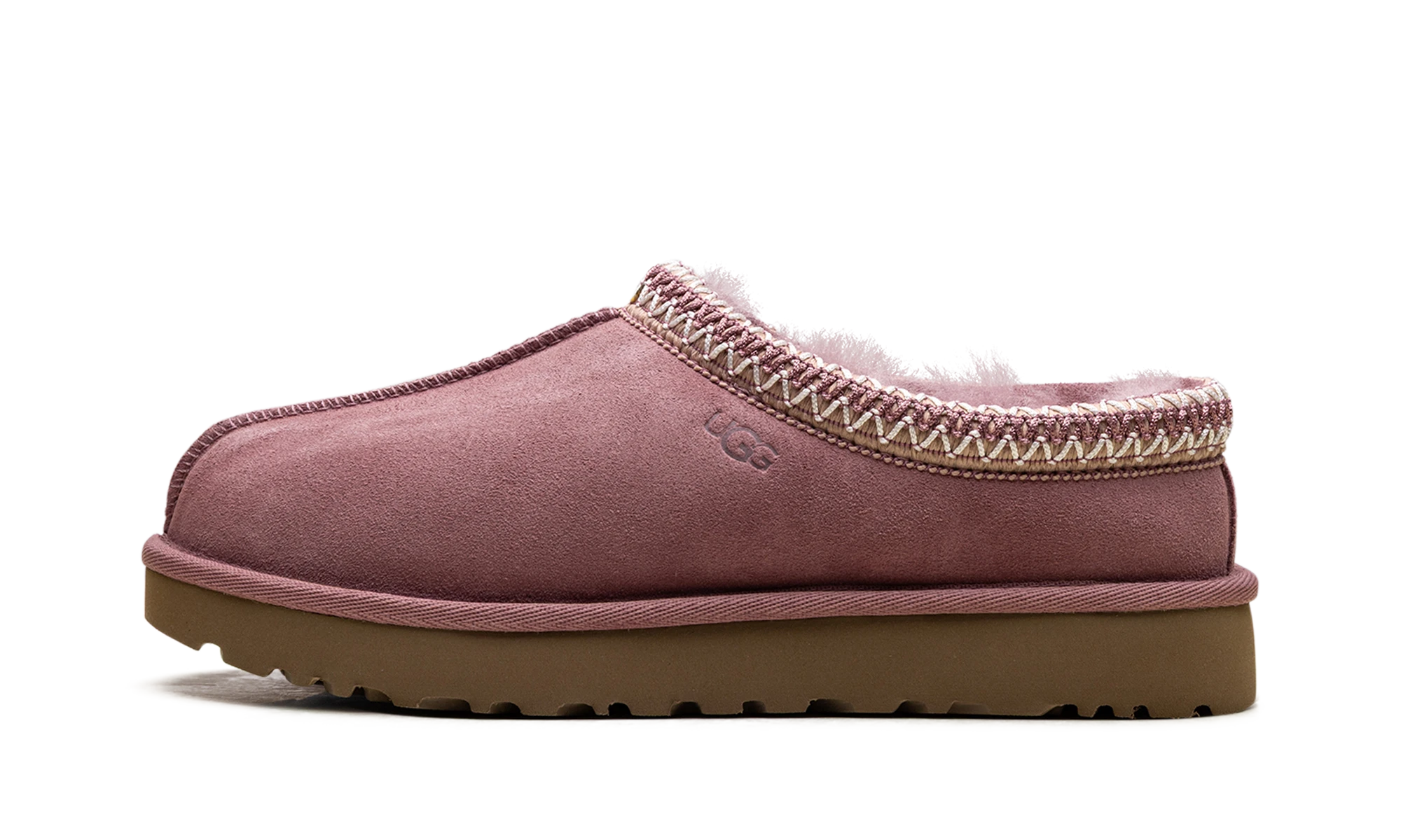 Détail du côté intérieur de la pantoufle UGG Tasman II Slipper Pink Dawn rose.