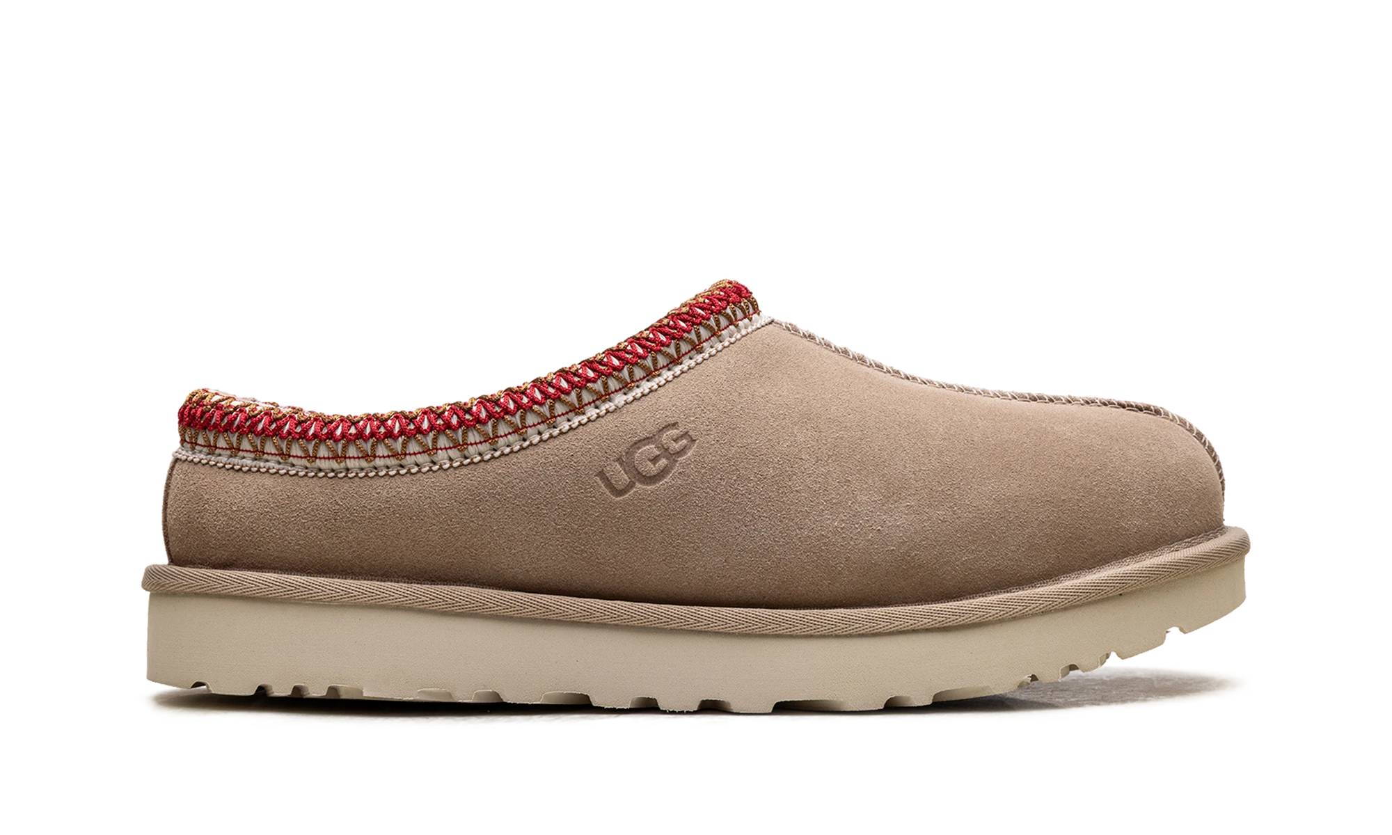 Pantoufle UGG Tasman II Slipper Sand Dark Cherry en cuir beige et noir, disponible en France, Suisse, Belgique et Luxembourg — vue de profil extérieur.