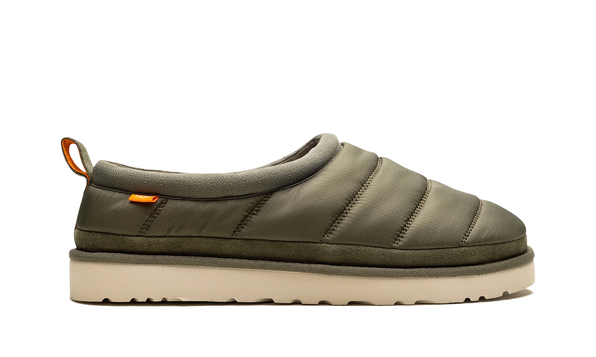 Pantoufle UGG Tasman LTA Slipper Burnt Olive en cuir vert, disponible en France, Suisse, Belgique et Luxembourg — vue de profil extérieur.