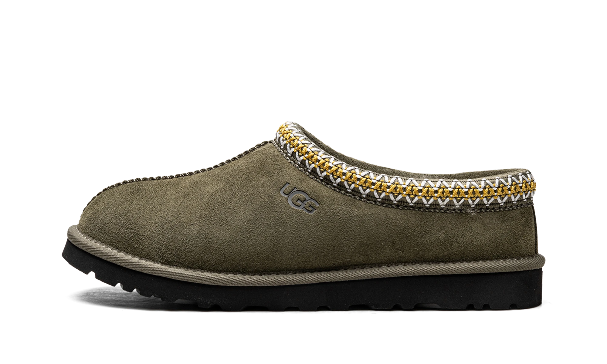 Détail du côté intérieur de la pantoufle UGG Tasman Slipper Burnt Olive vert.
