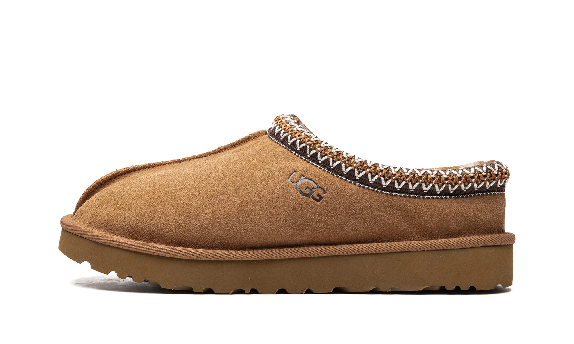 Détail du côté intérieur de la pantoufle UGG Tasman Slipper Chestnut marron.