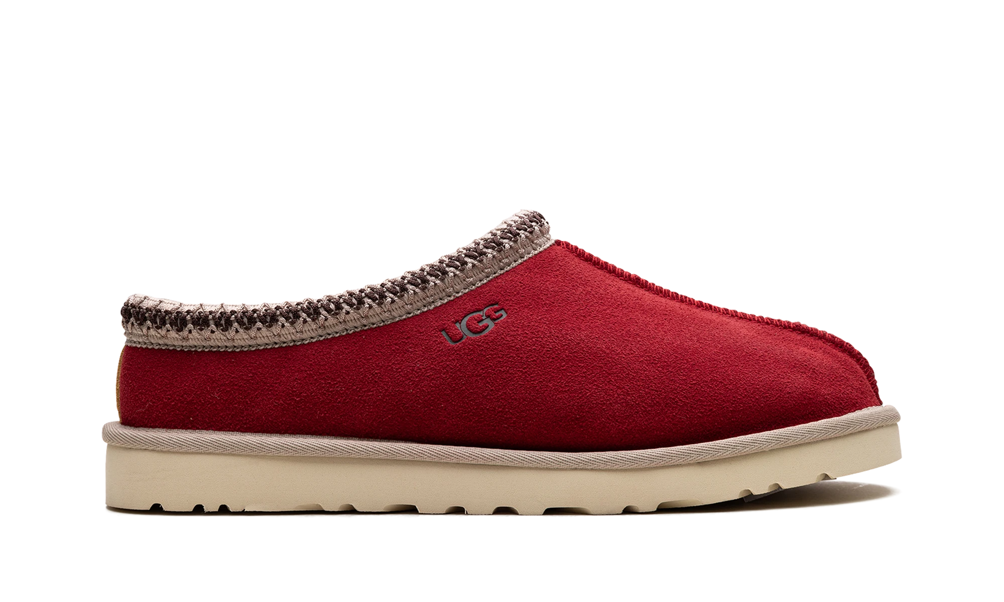 Pantoufle UGG Tasman Slipper Chestnut Samba Red en cuir marron et rouge, disponible en France, Suisse, Belgique et Luxembourg — vue de profil extérieur.