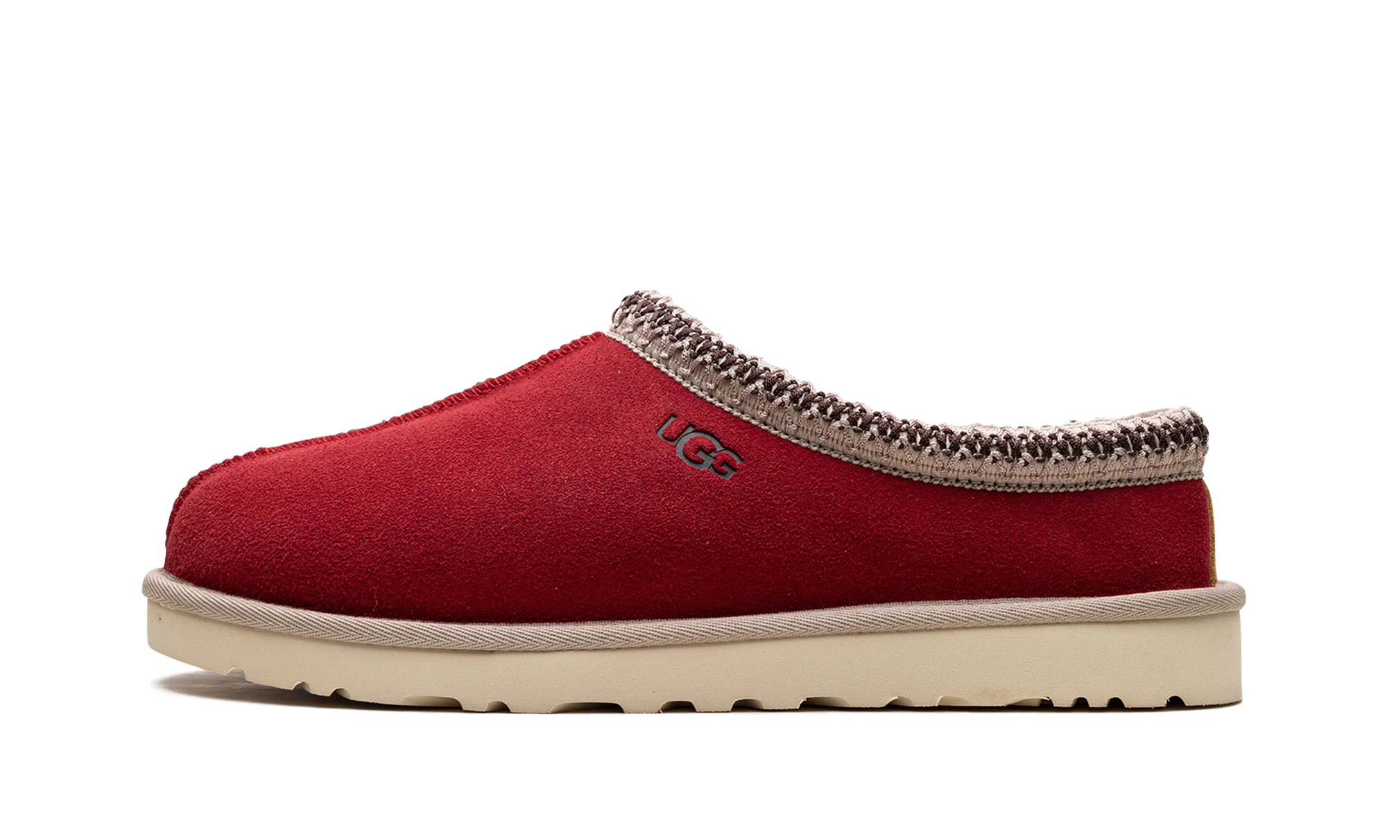 Détail du côté intérieur de la pantoufle UGG Tasman Slipper Chestnut Samba Red marron et rouge.