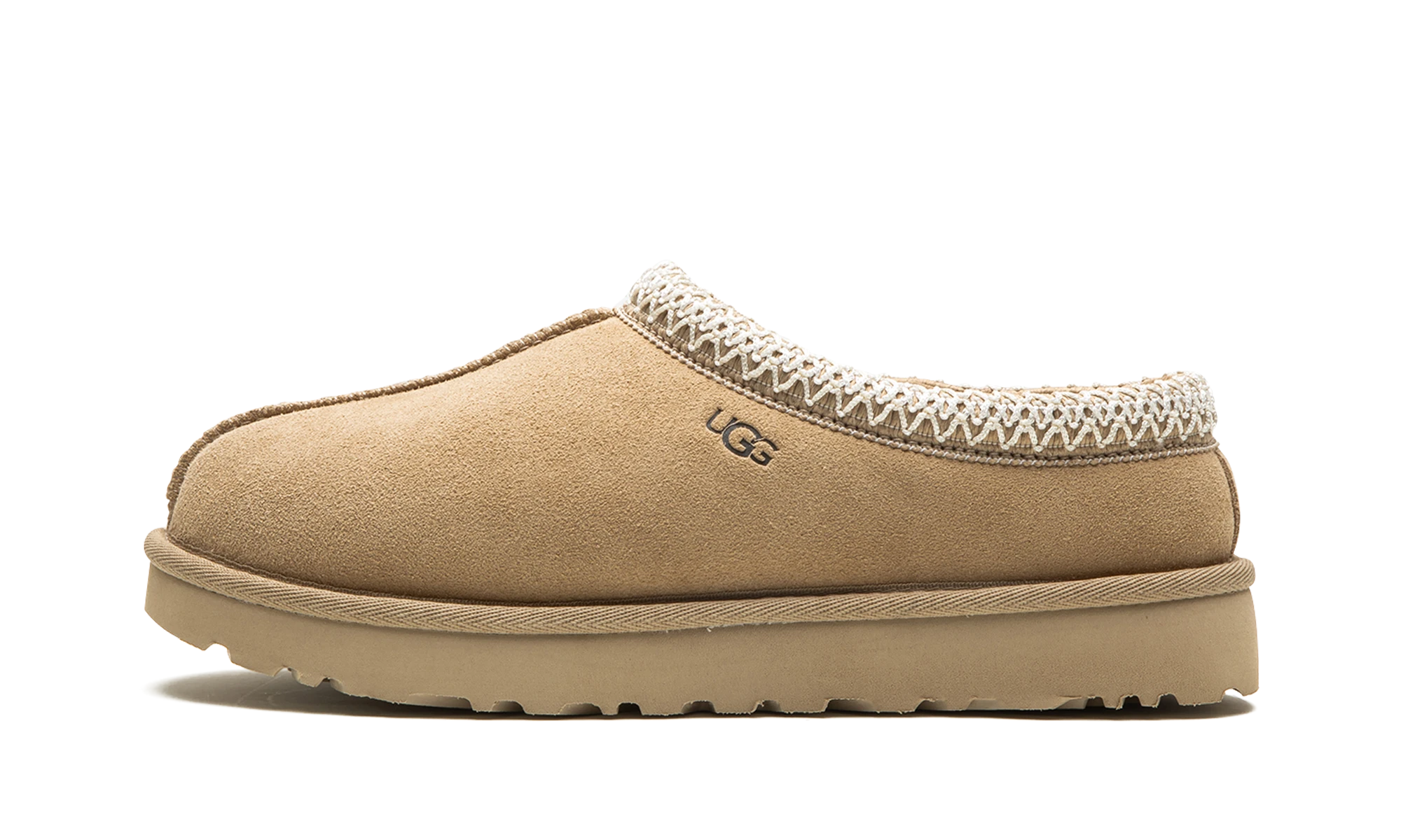 Détail du côté intérieur de la pantoufle UGG Tasman Slipper Mustard Seed jaune et blanc.