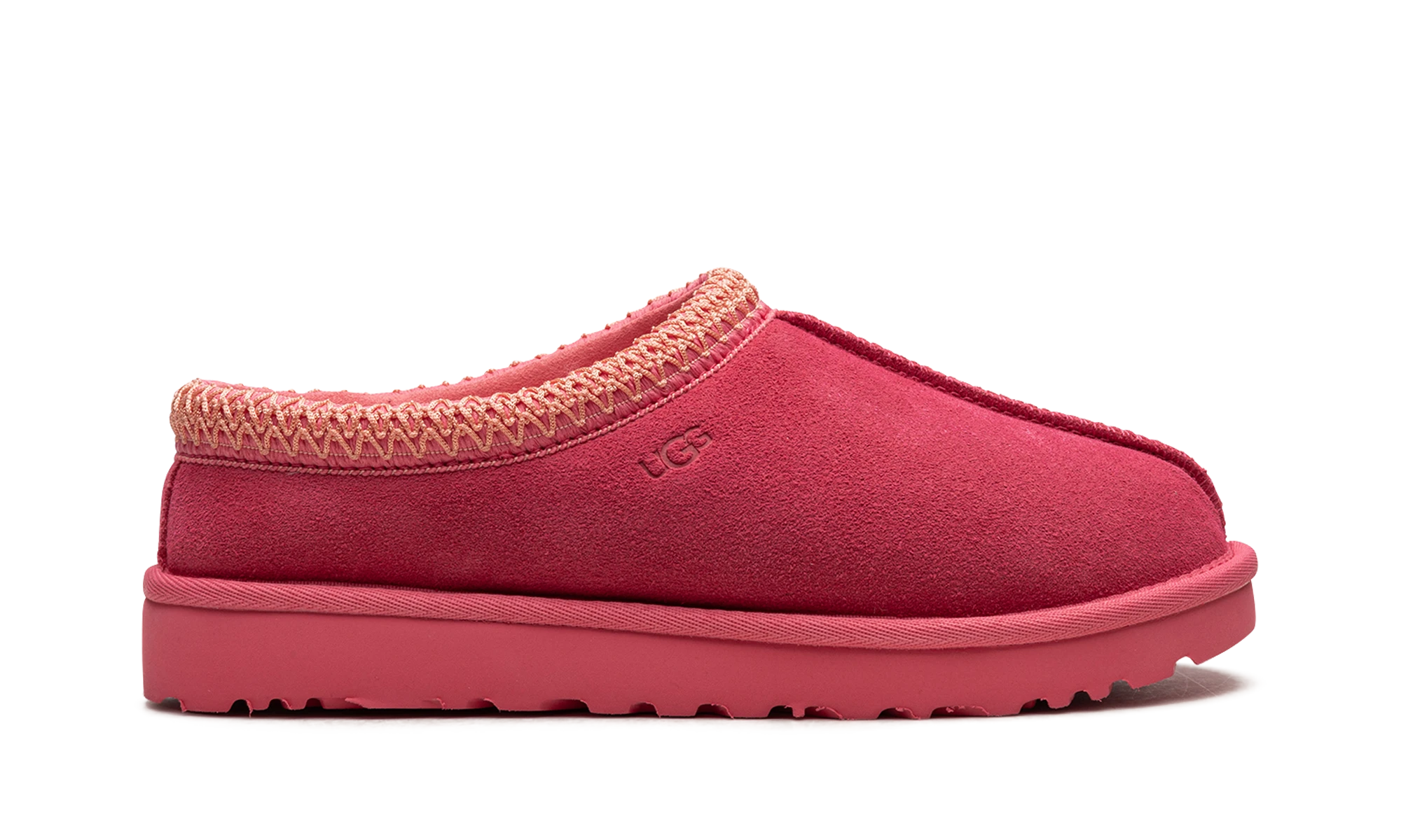 Pantoufle UGG Tasman Slipper Pink Glow en daim rose, disponible en France, Suisse, Belgique et Luxembourg — vue de profil extérieur.