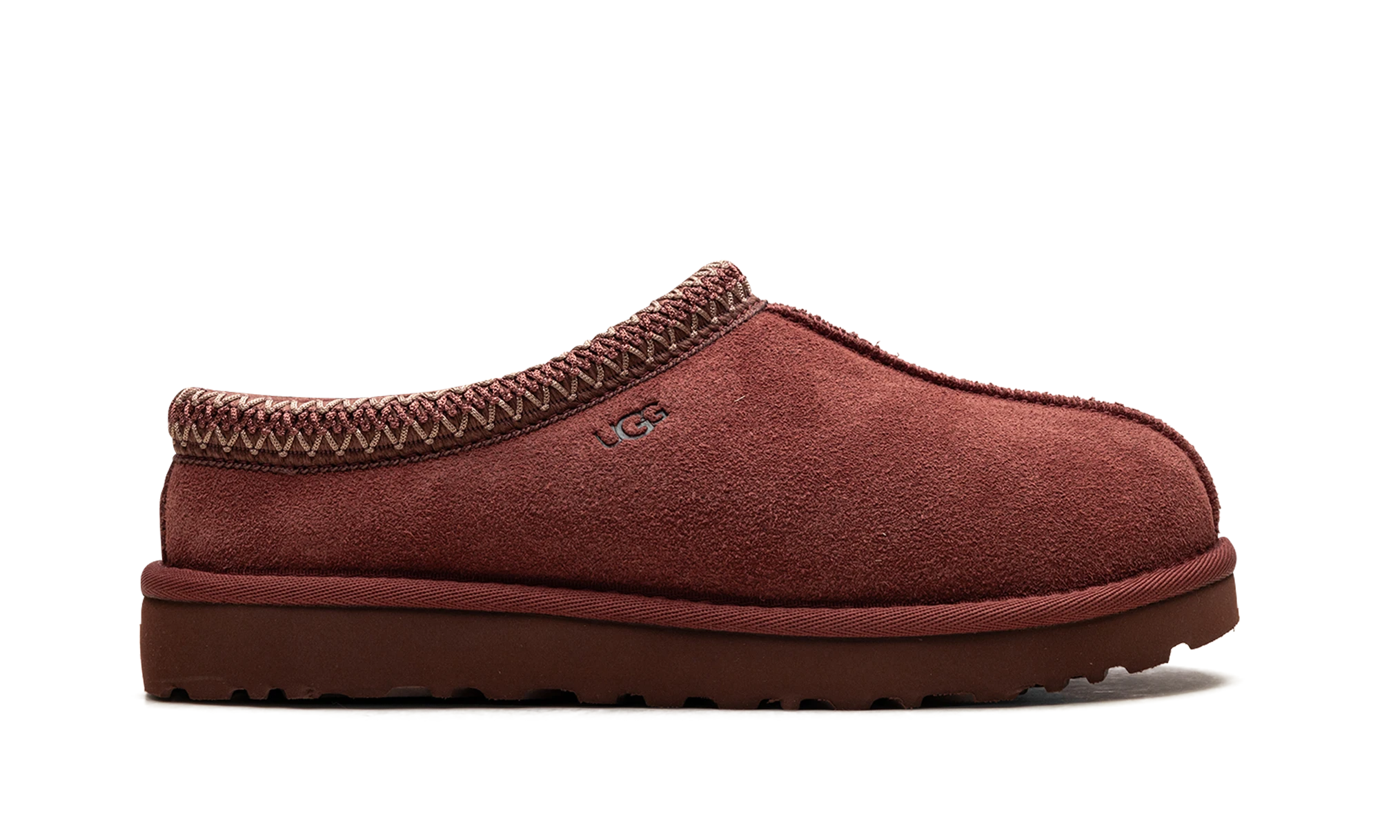 Pantoufle UGG Tasman Slipper Red Jasper en cuir rouge, disponible en France, Suisse, Belgique et Luxembourg — vue de profil extérieur.