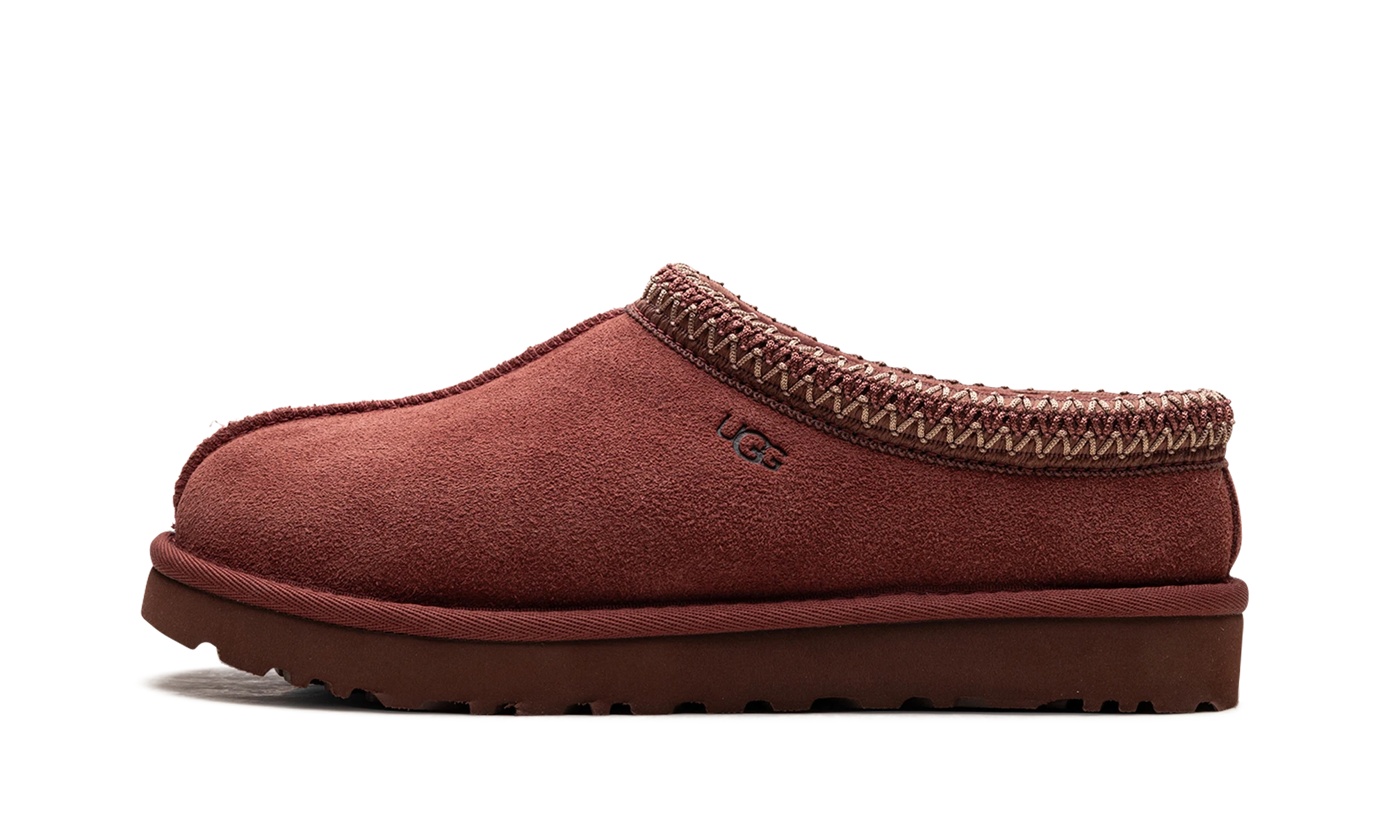 Détail du côté intérieur de la pantoufle UGG Tasman Slipper Red Jasper rouge.