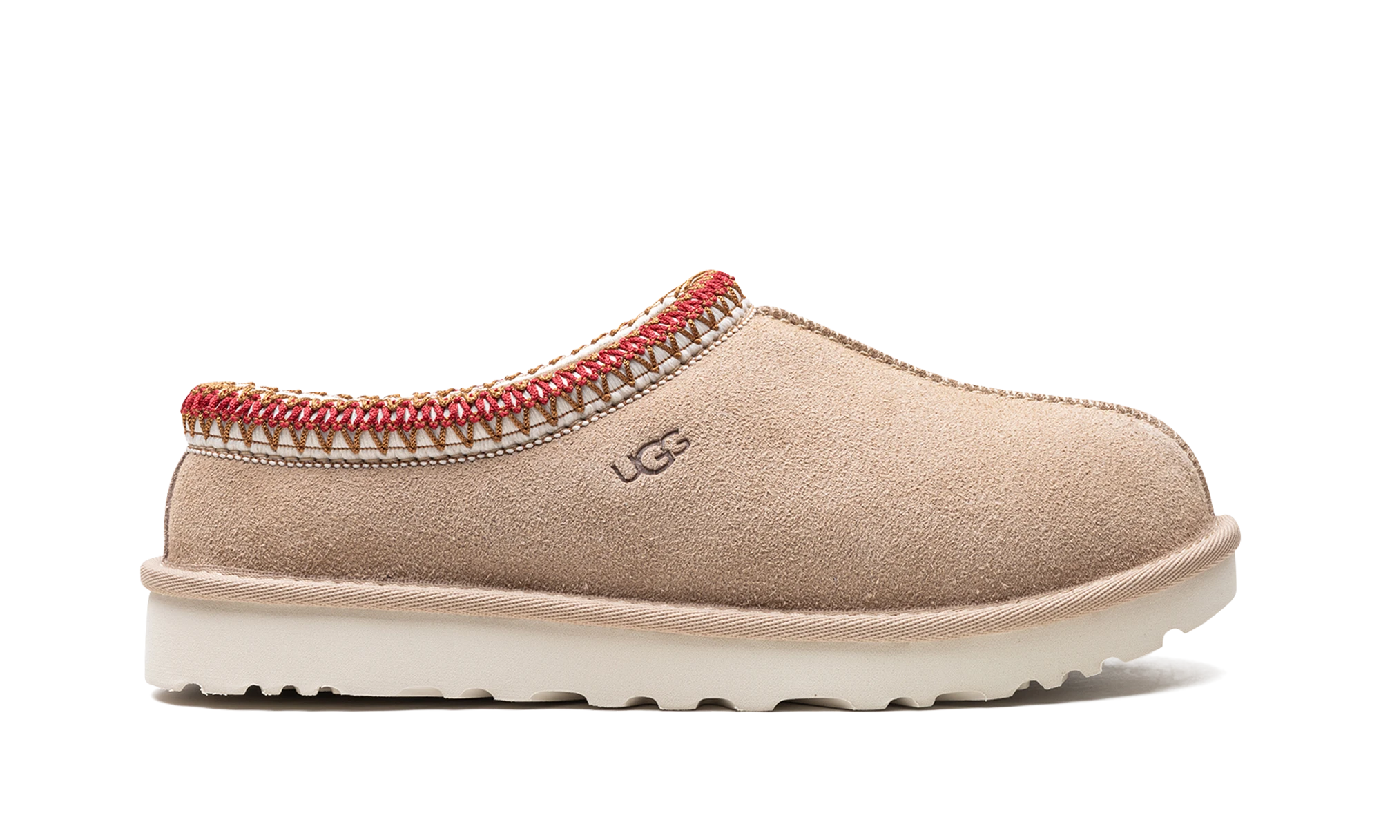Pantoufle UGG Tasman Slipper Sand Dark Cherry en daim beige et noir, disponible en France, Suisse, Belgique et Luxembourg — vue de profil extérieur.