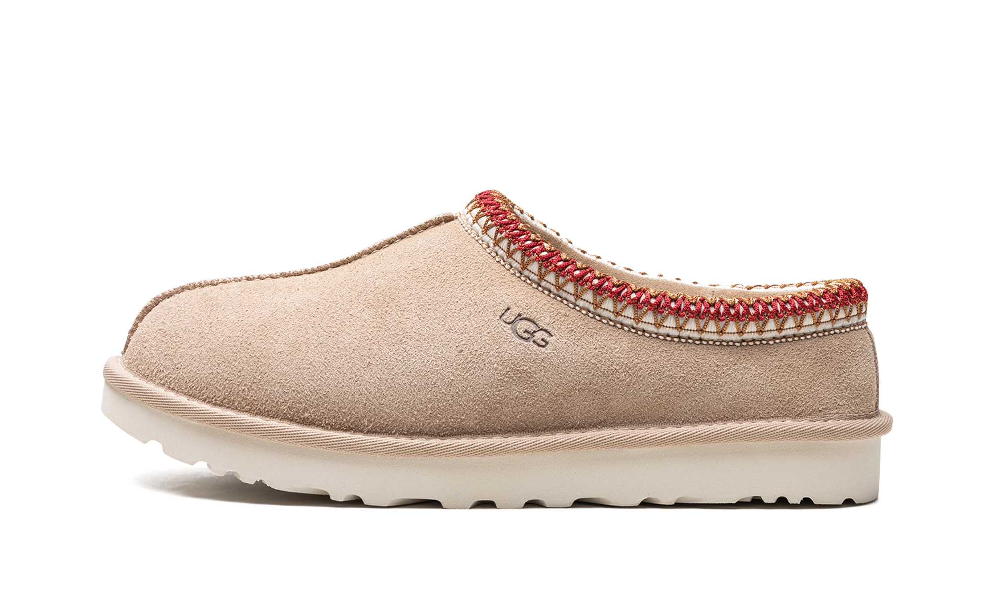 Détail du côté intérieur de la pantoufle UGG Tasman Slipper Sand Dark Cherry beige et noir.