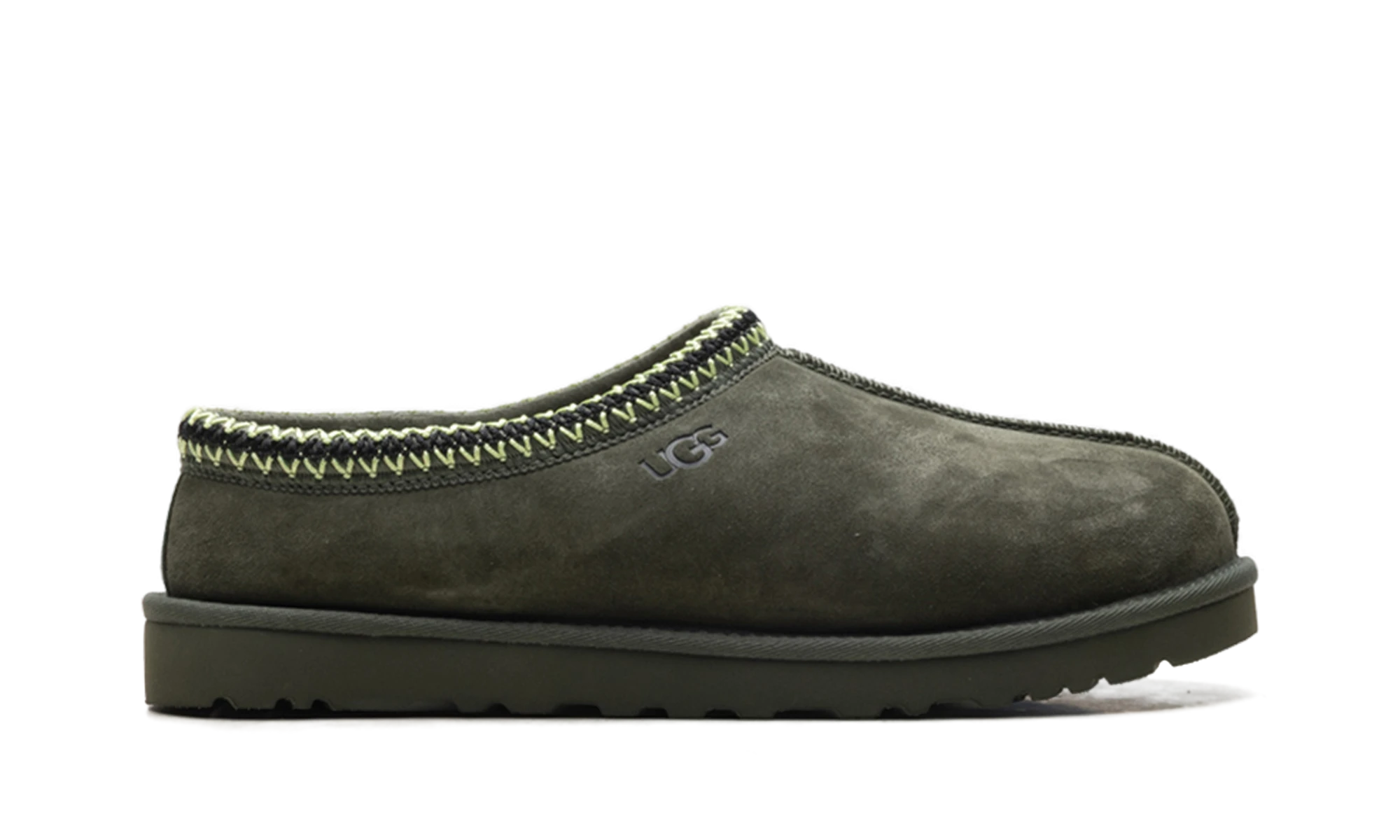 Pantoufle UGG Tasman Slipper Woodland Green en cuir vert, disponible en France, Suisse, Belgique et Luxembourg — vue de profil extérieur.