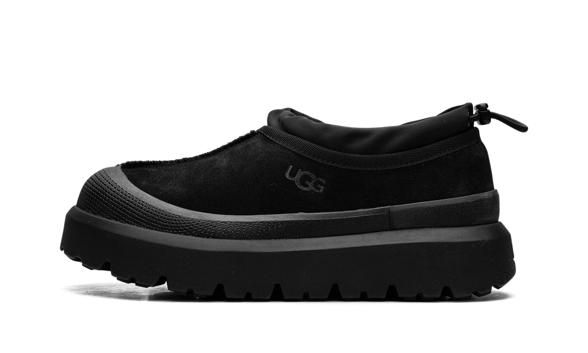Détail du côté intérieur de la pantoufle UGG Tasman Weather Hybrid Slipper Black noir.