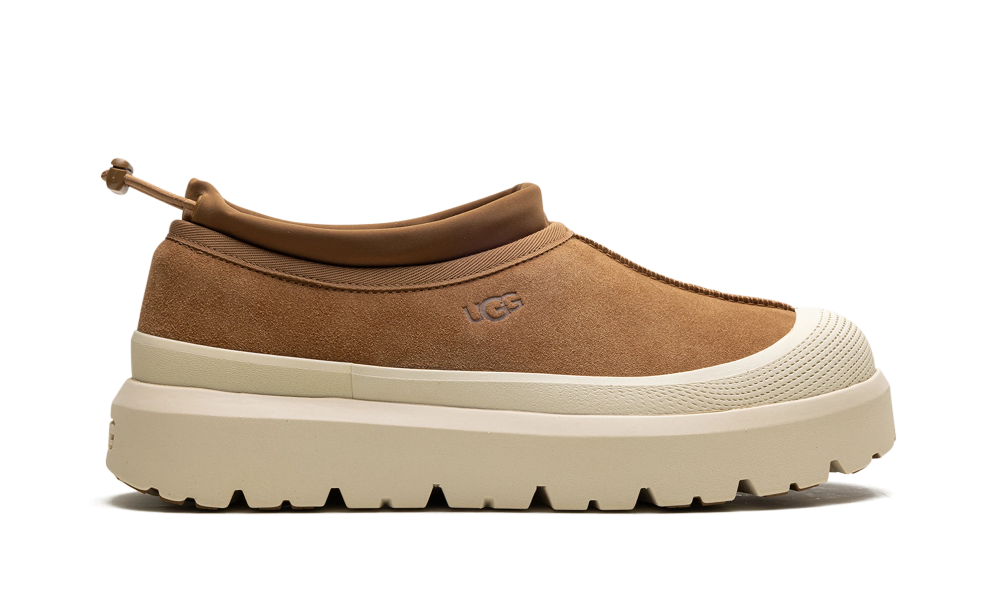 Pantoufle UGG Tasman Weather Hybrid Slipper Chestnut Whitecap en daim marron, disponible en France, Suisse, Belgique et Luxembourg — vue de profil extérieur.