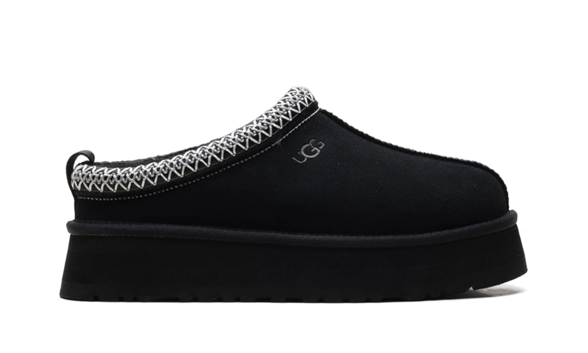 Pantoufle UGG Tazz II Slipper Black en cuir noir, disponible en France, Suisse, Belgique et Luxembourg — vue de profil extérieur.