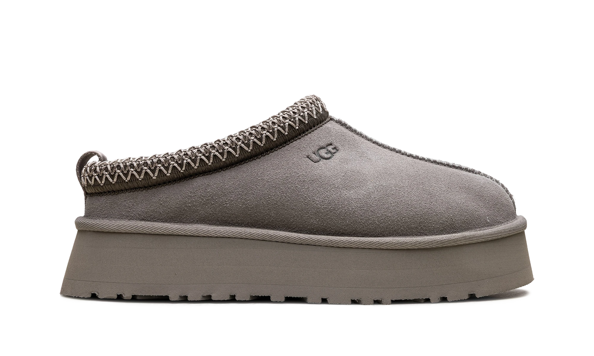 Pantoufle UGG Tazz II Slipper Cobble Grey en daim gris, disponible en France, Suisse, Belgique et Luxembourg — vue de profil extérieur.