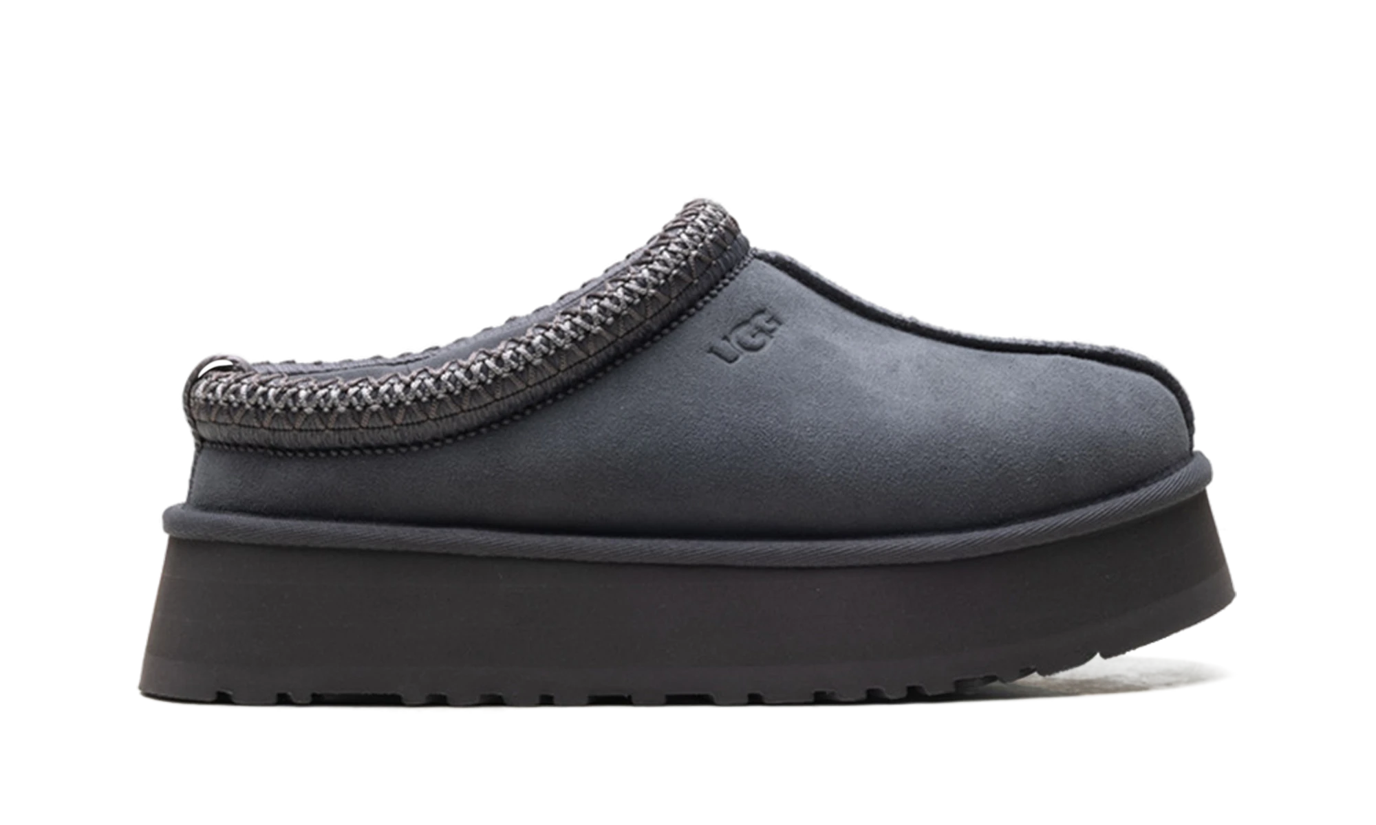 Pantoufle UGG Tazz II Slipper Obsidian en cuir noir, disponible en France, Suisse, Belgique et Luxembourg — vue de profil extérieur.