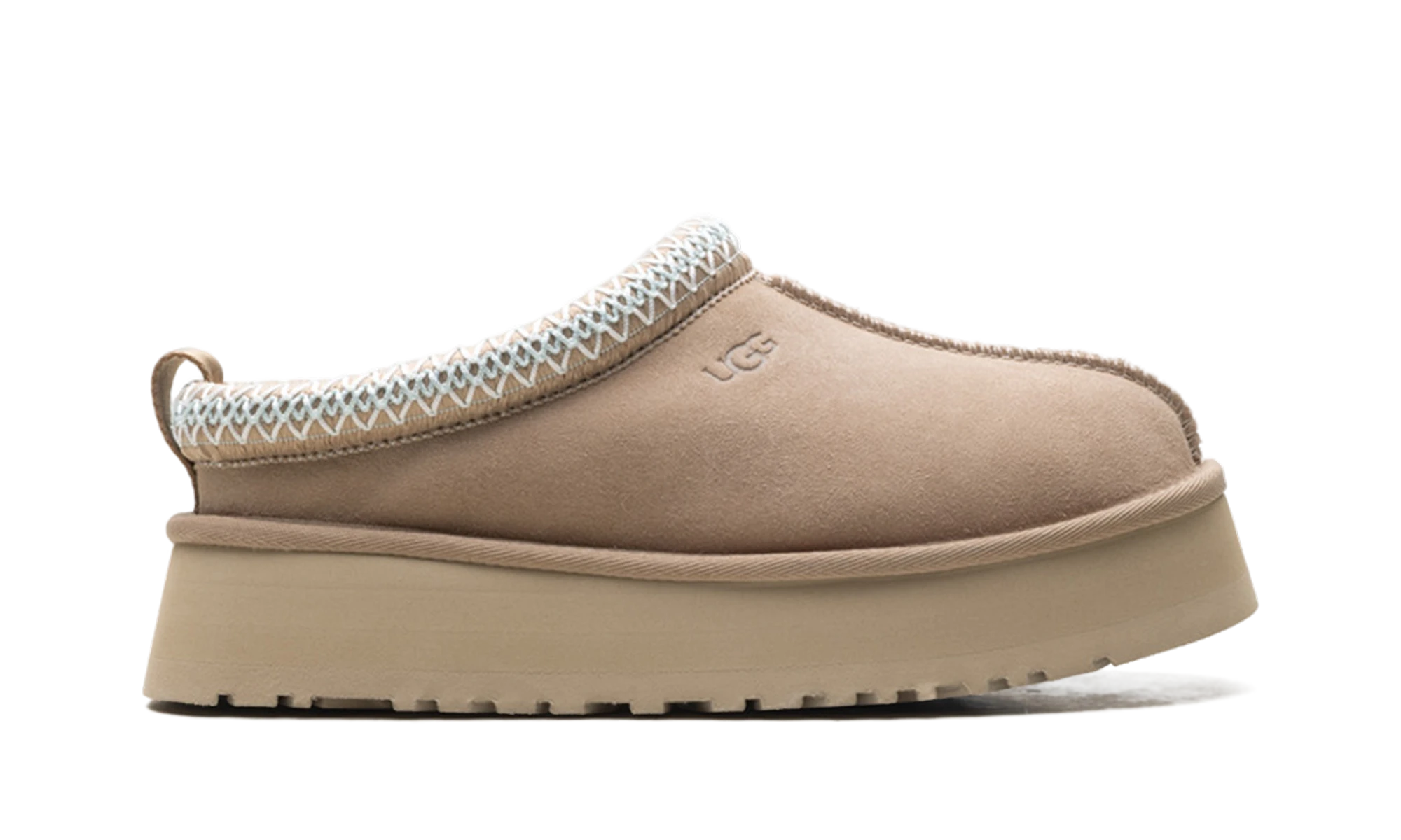 Pantoufle UGG Tazz II Slipper Sand en cuir beige, disponible en France, Suisse, Belgique et Luxembourg — vue de profil extérieur.
