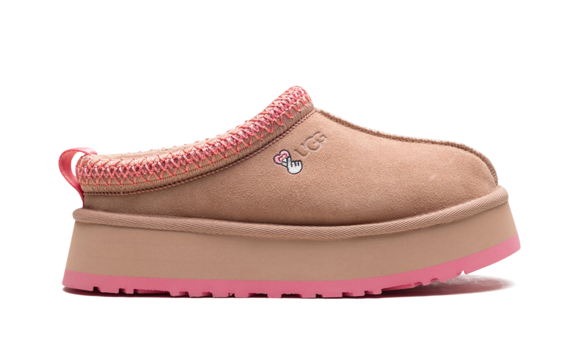 Pantoufle UGG Tazz Love '25 Slipper Arroyo Tropical Pink en cuir rose, disponible en France, Suisse, Belgique et Luxembourg — vue de profil extérieur.