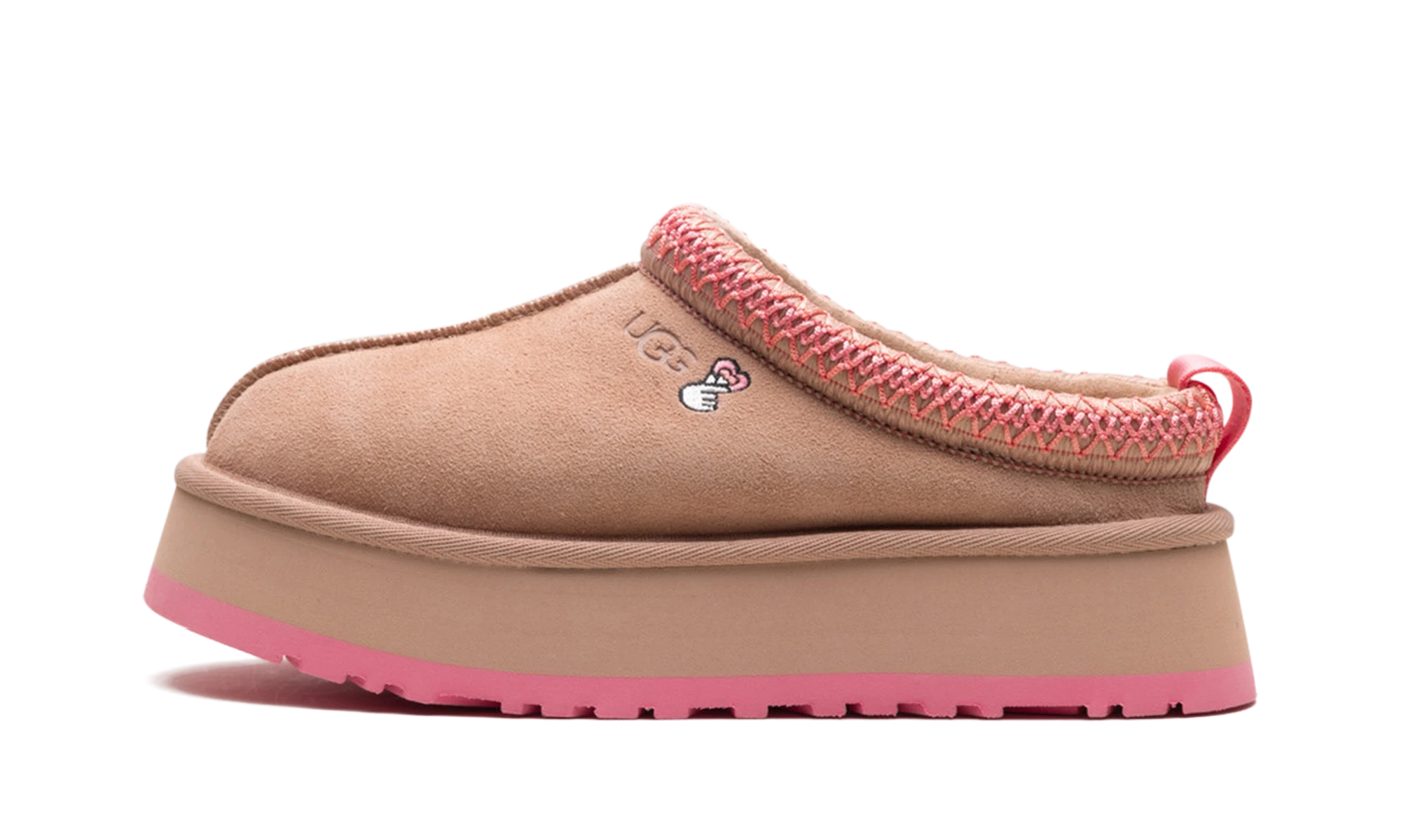 Détail du côté intérieur de la pantoufle UGG Tazz Love '25 Slipper Arroyo Tropical Pink rose.