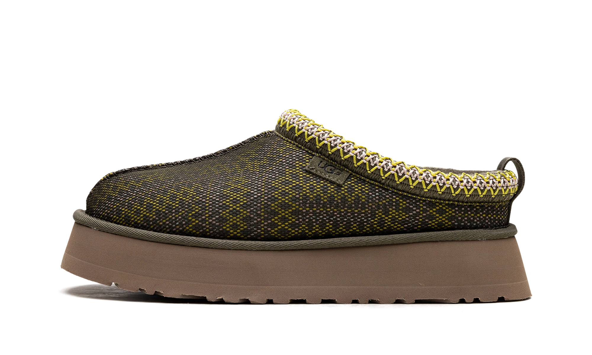 Détail du côté intérieur de la pantoufle UGG Tazz Maxi Tasman Slipper Burnt Olive vert.