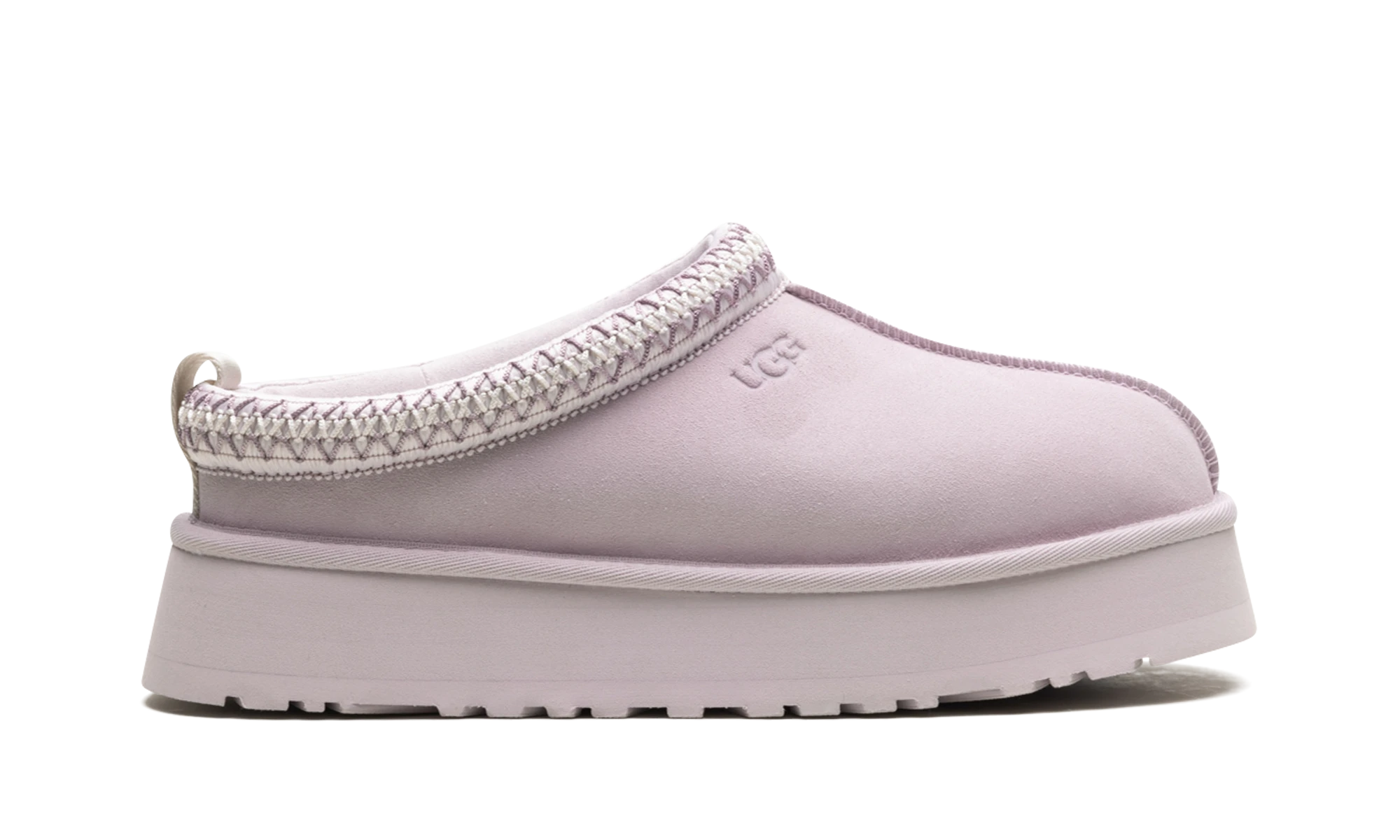 Pantoufle UGG Tazz Slipper Bay Fog en cuir gris, disponible en France, Suisse, Belgique et Luxembourg — vue de profil extérieur.