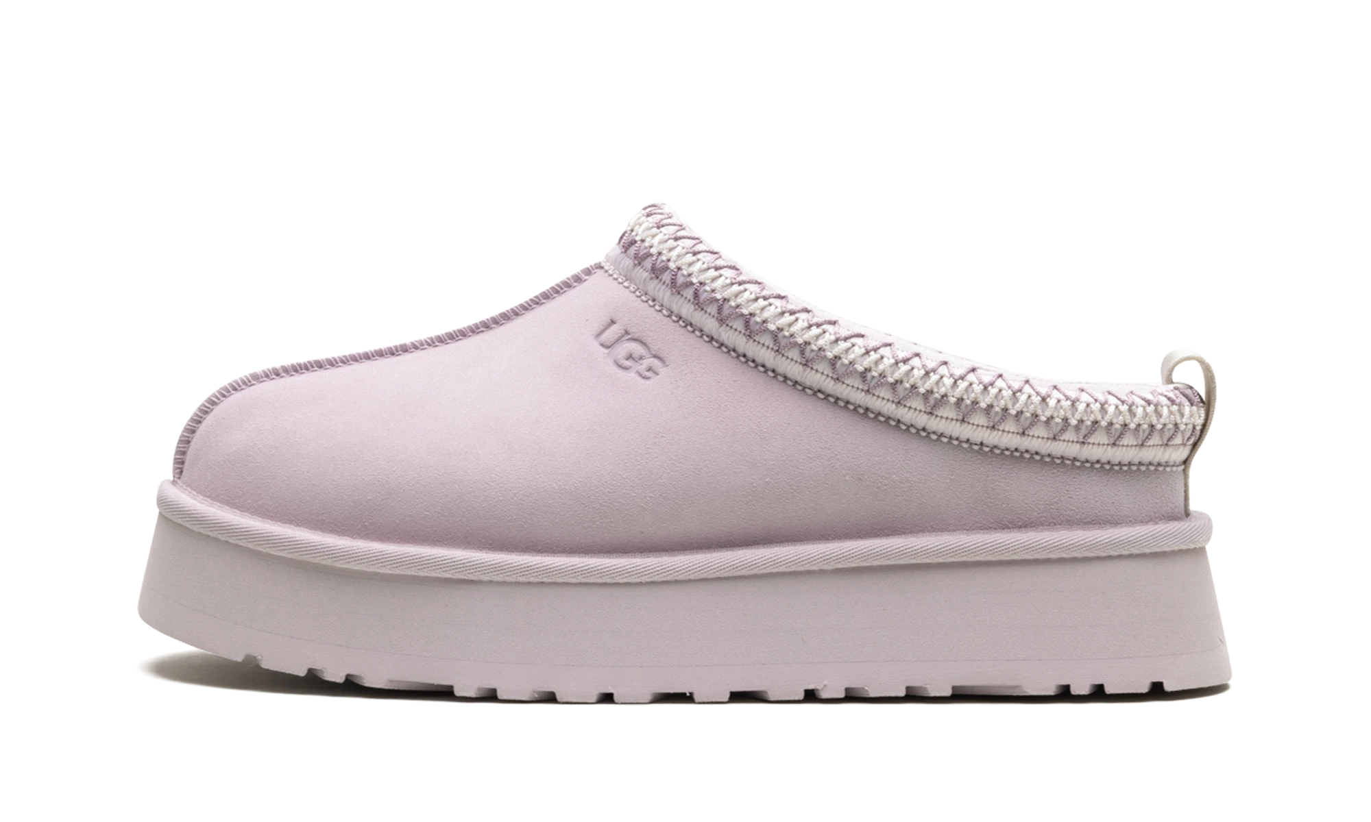 Détail du côté intérieur de la pantoufle UGG Tazz Slipper Bay Fog gris.