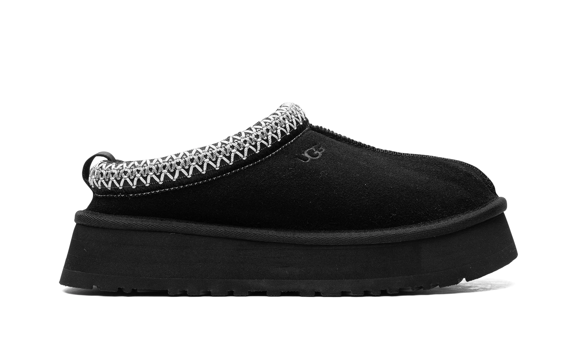 Pantoufle UGG Tazz Slipper Black en daim noir, disponible en France, Suisse, Belgique et Luxembourg — vue de profil extérieur.