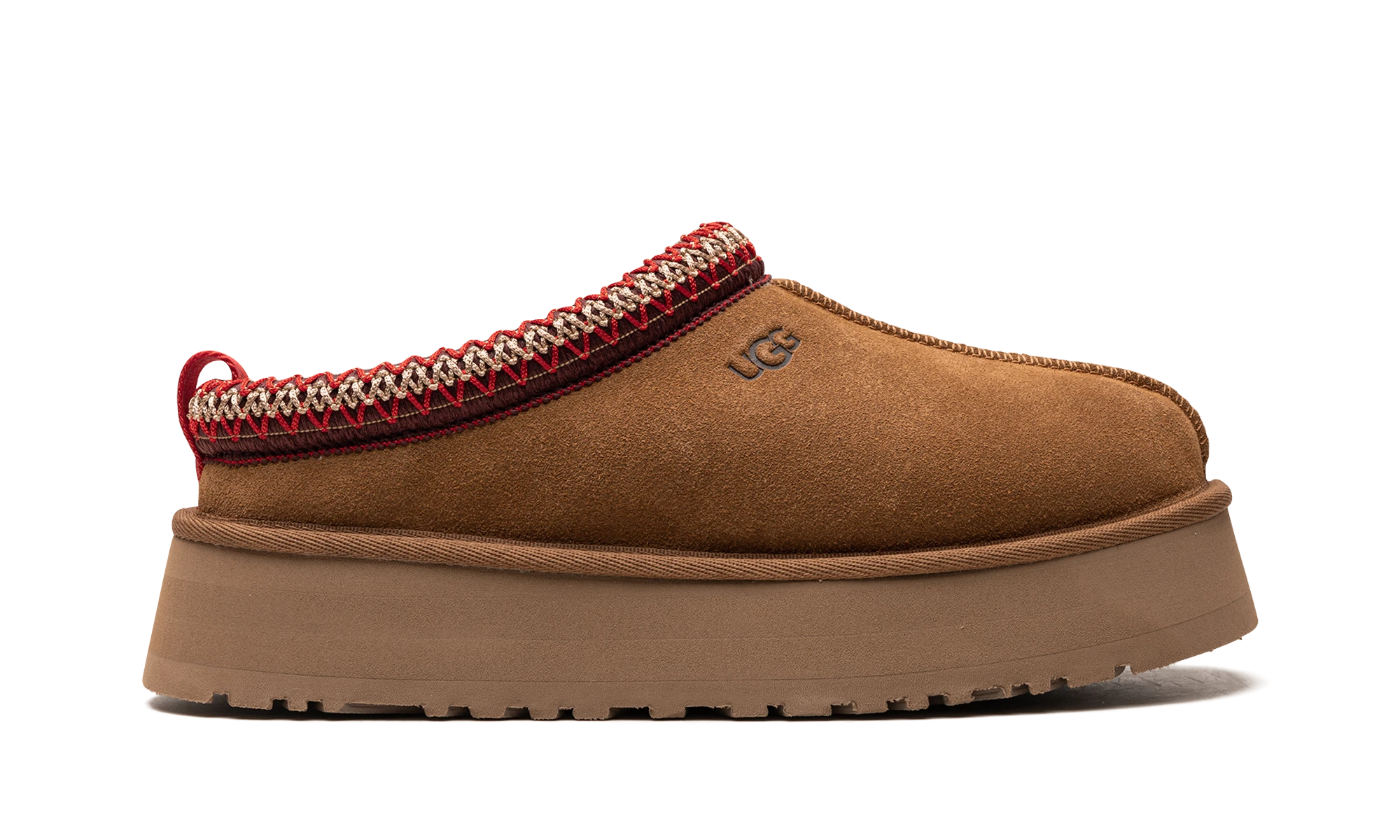 Pantoufle UGG Tazz Slipper Chestnut en daim marron, disponible en France, Suisse, Belgique et Luxembourg — vue de profil extérieur.
