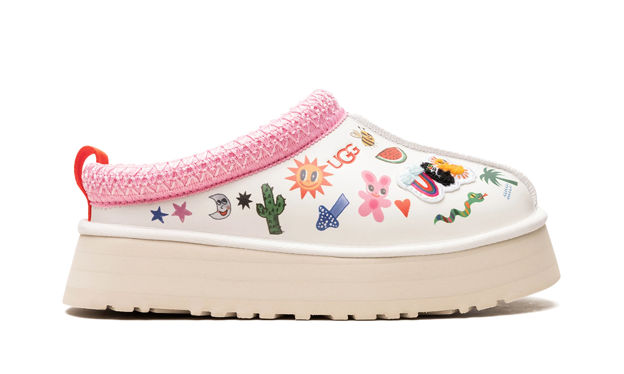 Pantoufle UGG Tazz Slipper Humberto Cruz Pop Sketch en cuir blanc et rose, disponible en France, Suisse, Belgique et Luxembourg — vue de profil extérieur.