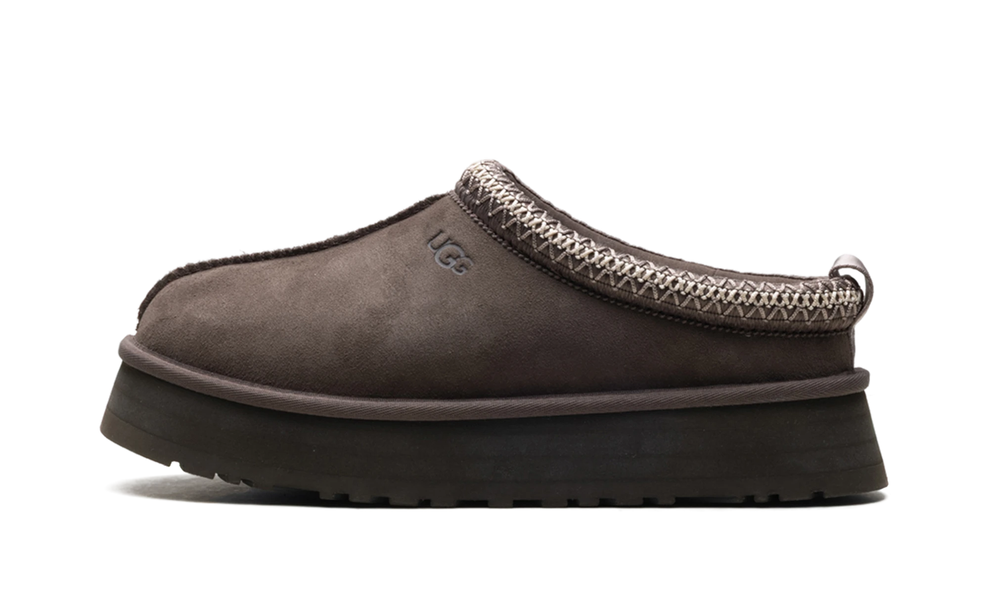 Détail du côté intérieur de la pantoufle UGG Tazz Slipper Molasses multicolore.