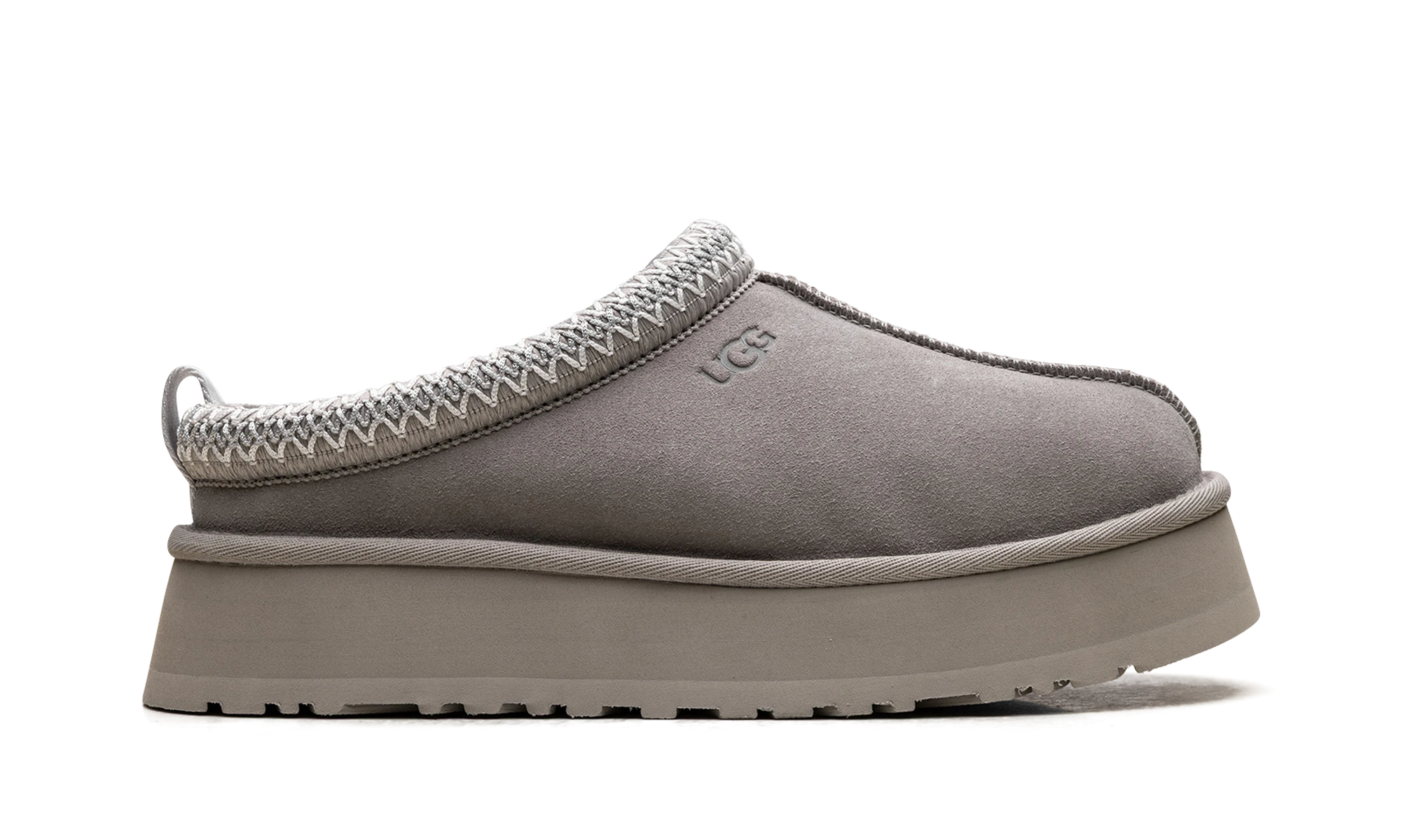 Pantoufle UGG Tazz Slipper Pumice en daim, disponible en France, Suisse, Belgique et Luxembourg — vue de profil extérieur.