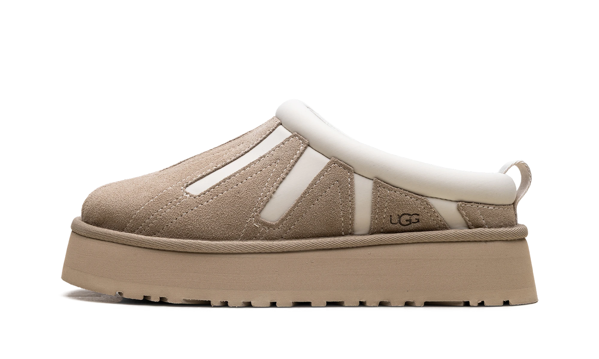 Détail du côté intérieur de la pantoufle UGG Tazz Sunwave Slipper Mustard Seed jaune.